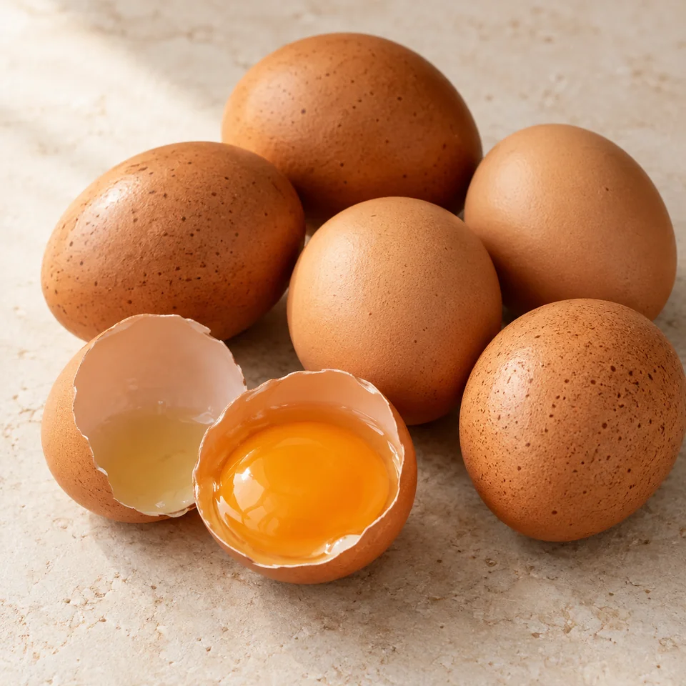 Ovos marrons com textura natural sobre uma superfície clara, com um ovo aberto revelando a gema alaranjada